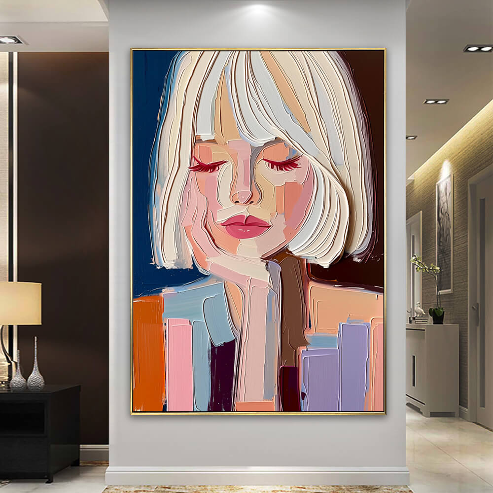 Large impasto woman portrait painting showcased in a luxury contemporary home interior with soft ambient lighting.