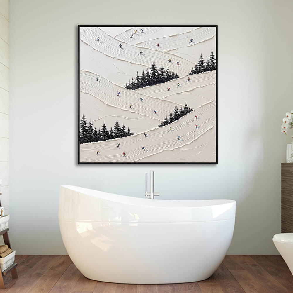 Interior styling view of Snowy Slalom powder ridge descent art decorative painting hanging in a luxurious modern bathroom above a white freestanding bathtub.