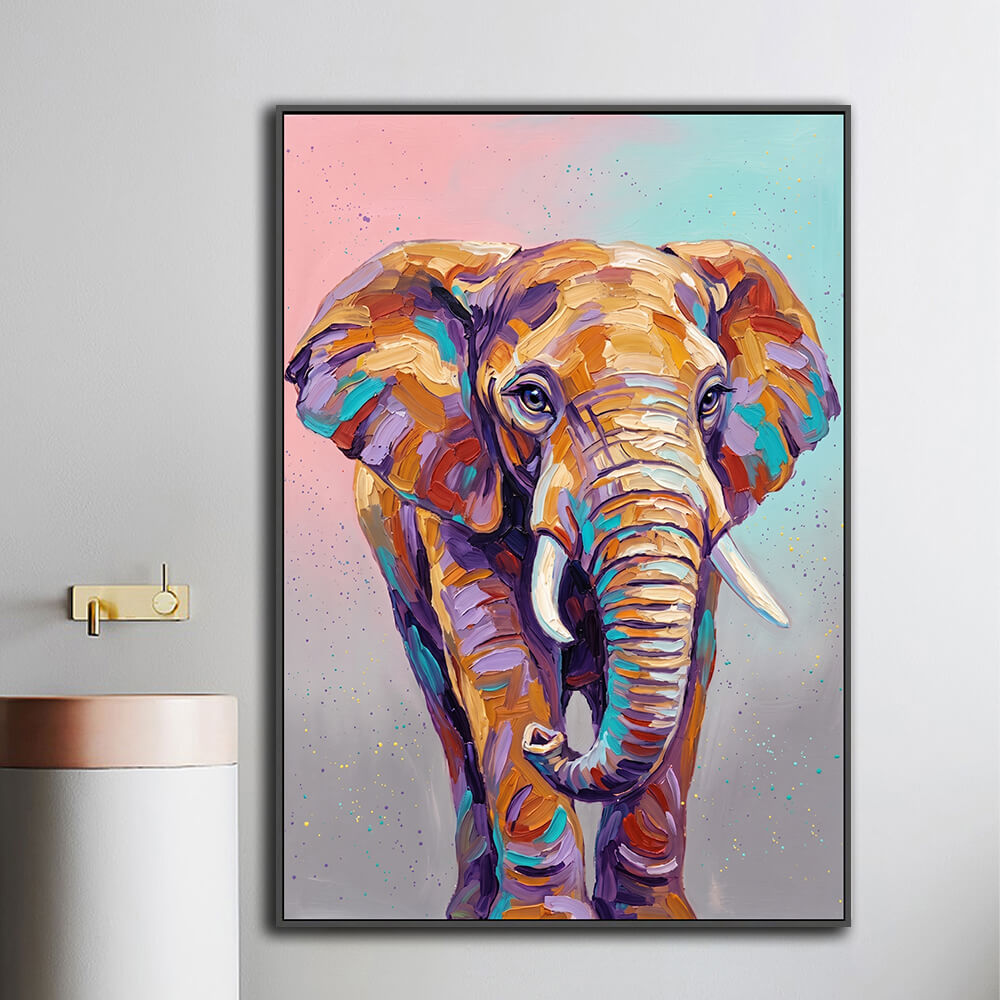 Framed vibrant elephant artwork mounted beside bathroom vanity