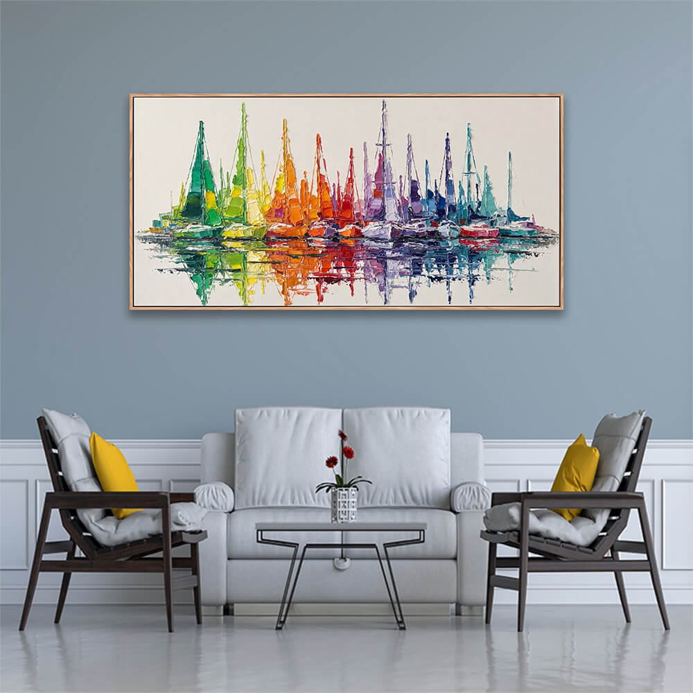 Colorful docked sailboat seascape hand artwork inside classic formal living room with wall wainscoting