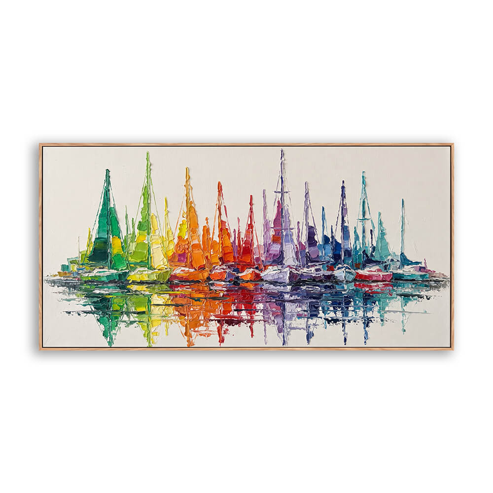 Horizontal hand painted seascape canvas, dense rainbow harbor sailboats with rippled water reflection, cream off-white background, soft layered brushwork