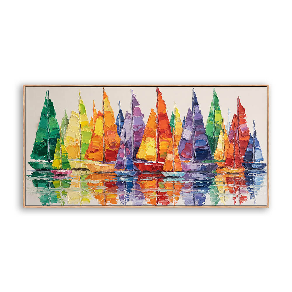 Horizontal hand painted seascape canvas, rainbow regatta racing sailboats with water reflection, cream background, soft layered brushwork