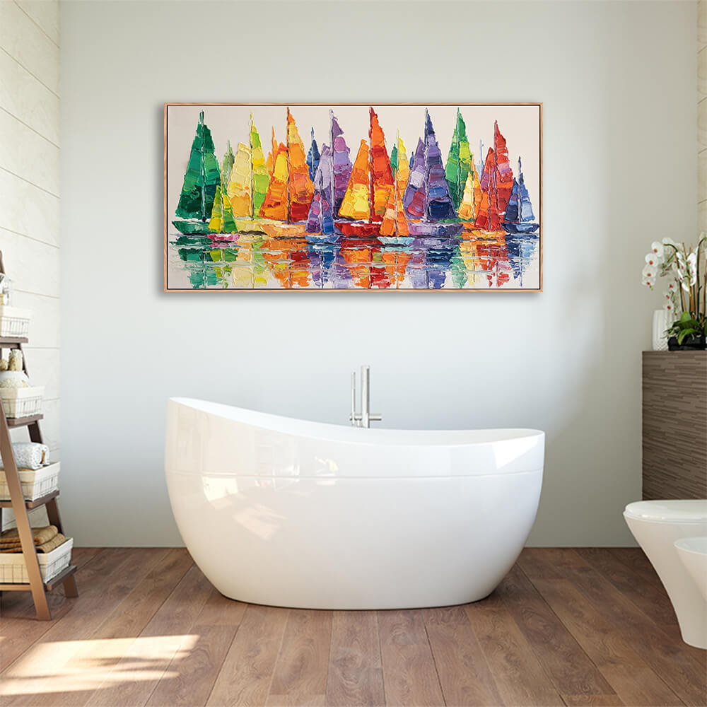 Framed rainbow regatta sailboat fleet hand painting mounted above freestanding bathtub for bathroom wall decor