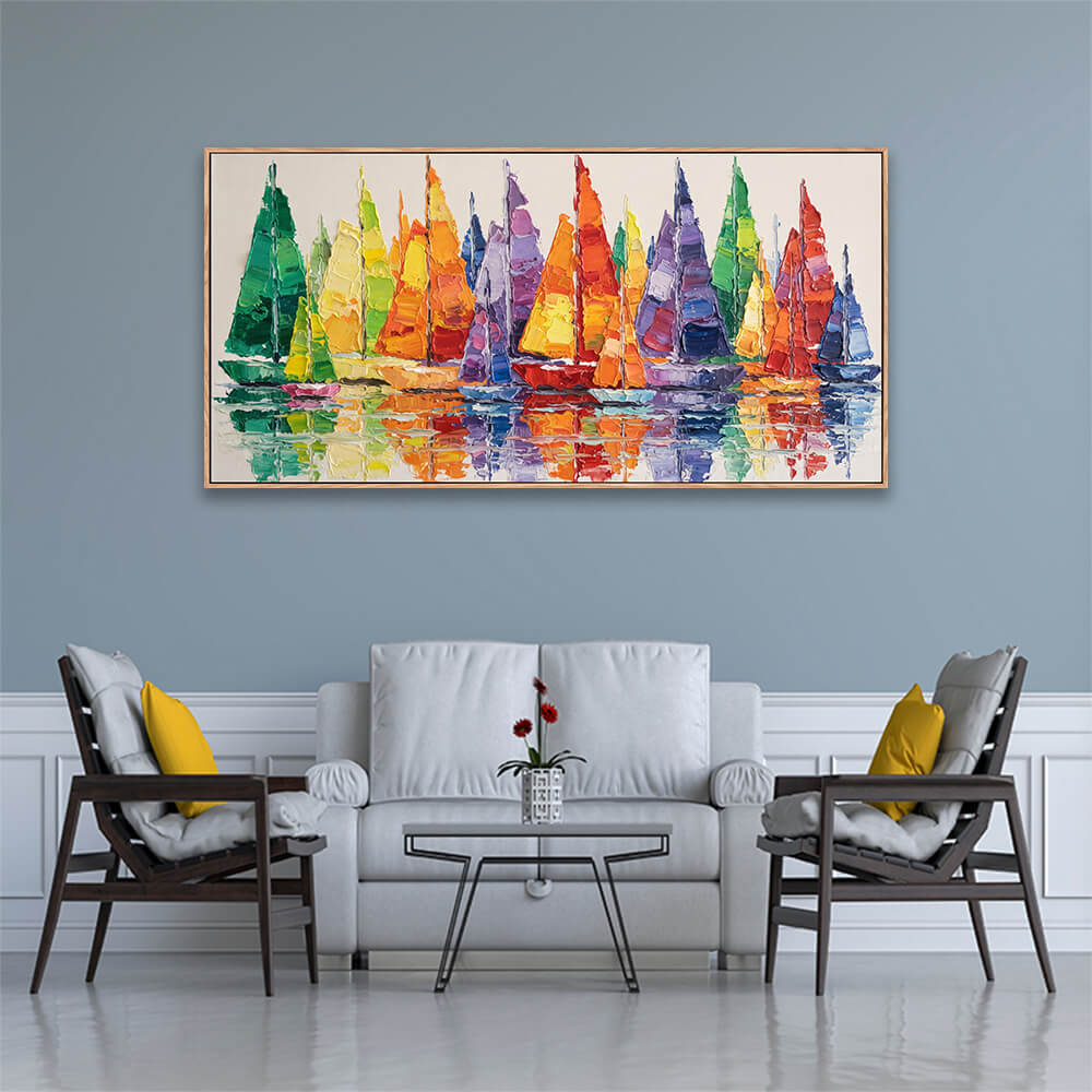 Colorful racing sailboat seascape hand artwork inside classic formal living room with wall wainscoting