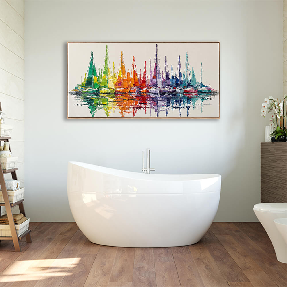 Framed rainbow harbor sailboat fleet hand painting mounted above freestanding bathtub for bathroom wall decor