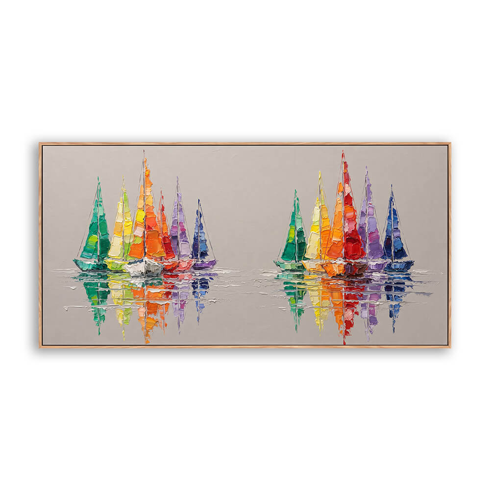 Horizontal hand painted seascape canvas, rainbow sailboat groups with water reflections, muted grey background, soft layered brushwork
