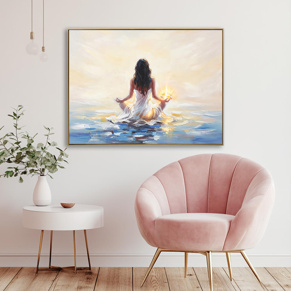 Contemporary impressionism meditation ocean canvas artwork in elegant lounge with blush pink velvet shell chair and gold legs