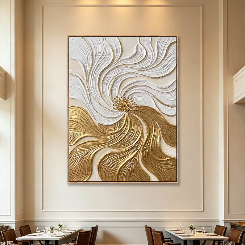 Large vertical 3D textured abstract flower painting in fine dining restaurant, white and gold impasto canvas on elegant cream paneled wall, commercial interior decor