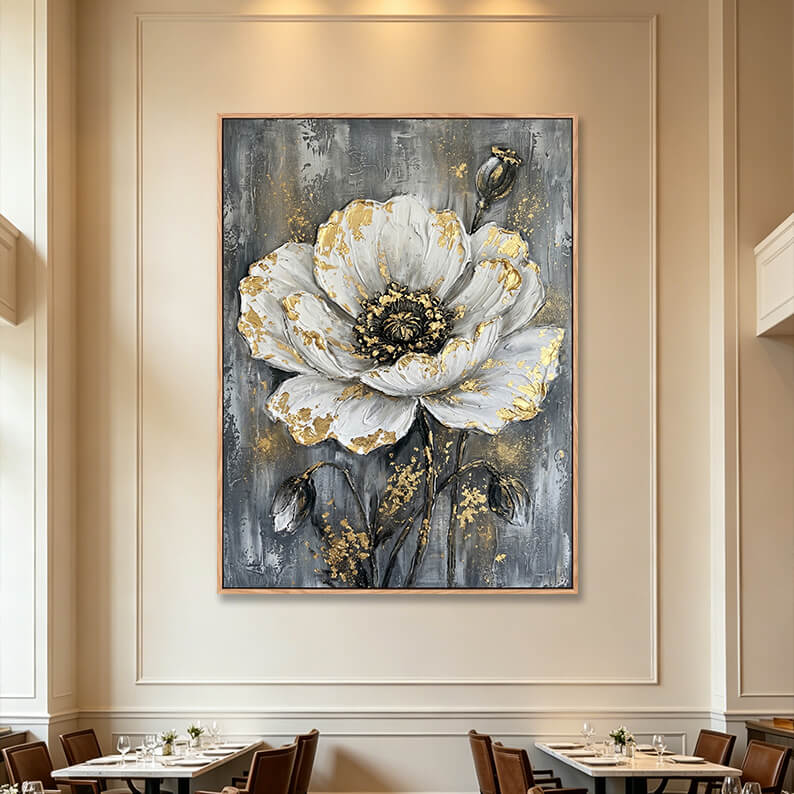 Large vertical 3D textured white poppy painting on grey background in fine dining restaurant, gold accented impasto canvas
