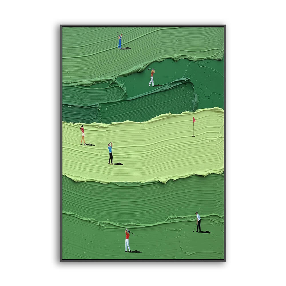 Vertical hand painted landscape canvas, aerial tiered golf putting greens, swinging golfers, red pin flag, soft layered brushwork, gradient green tones