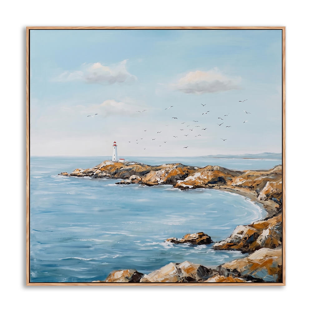 Hand painted sky blue seascape canvas with white red lighthouse on rocky cove cliffs, calm bay water and flying seagulls, soft layered brushwork