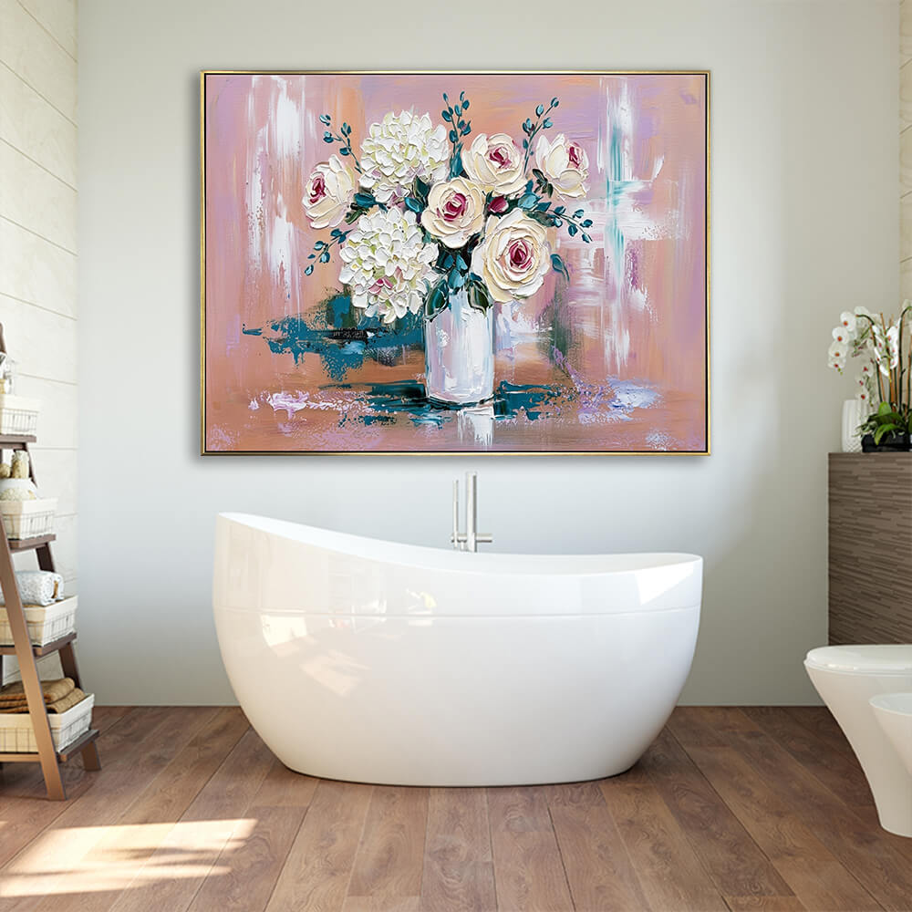 Hand-painted pink floral canvas wall art hung above freestanding white bathtub, modern wood bathroom interior