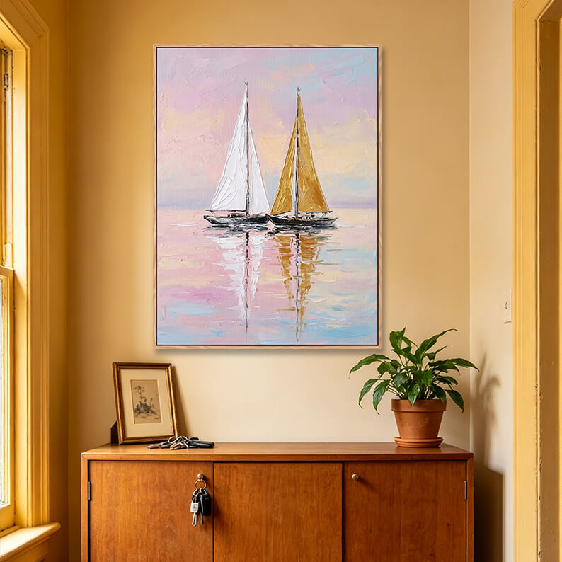 Vertical romantic sailboat painting with pink and gold sunset, calm water reflection, heavy impasto texture, dreamy coastal seascape artwork