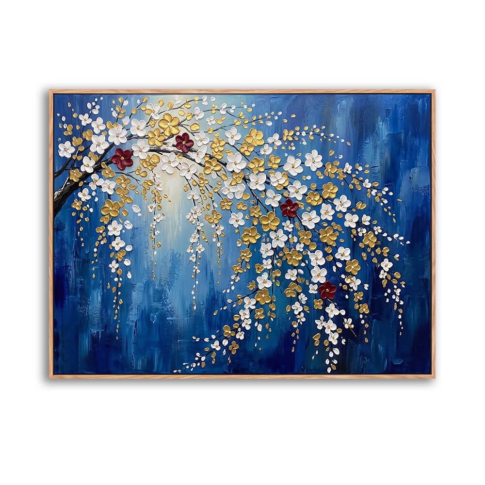 Horizontal hand-painted abstract canvas, textured impasto sweeping trailing plum blossoms, white gold burgundy flowers on deep royal blue background, soft layered impasto brushwork