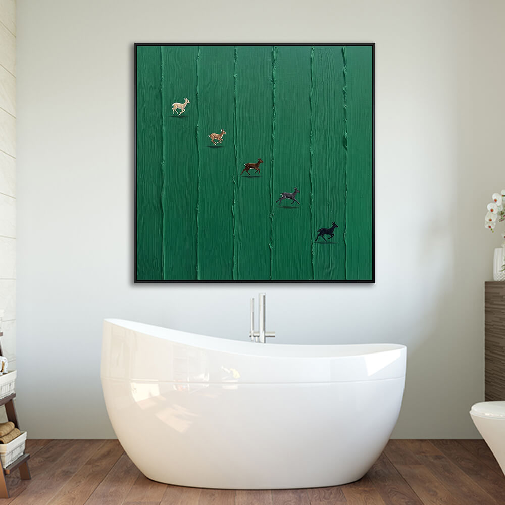 Interior styling view of Forest Leap hanging in a luxurious modern bathroom above a white freestanding bathtub.