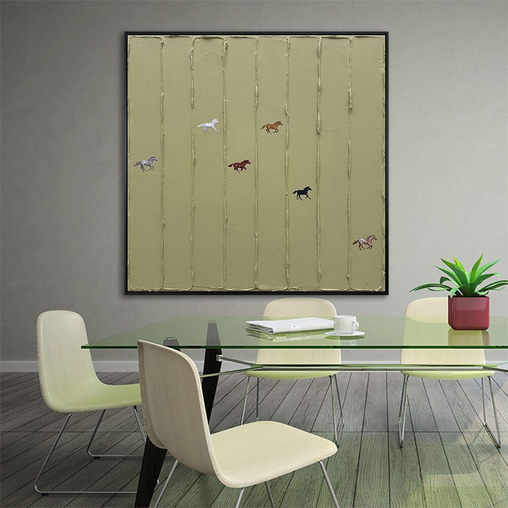 Interior styling view of Wild Meadow Run hanging in a modern dining room above a glass-topped table set with chairs.
