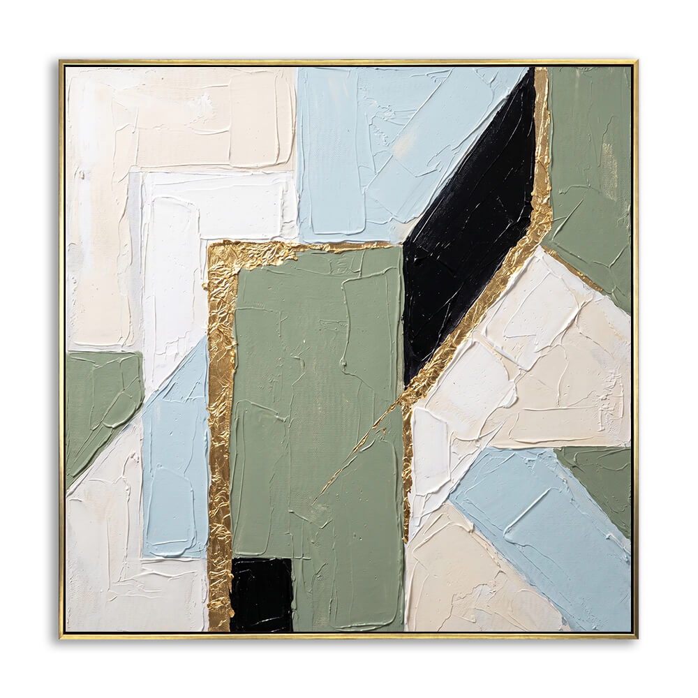 Hand painted square abstract canvas with sage & pale blue geometric blocks, shimmer gold foil dividing lines, soft layered brushwork, neutral muted palette