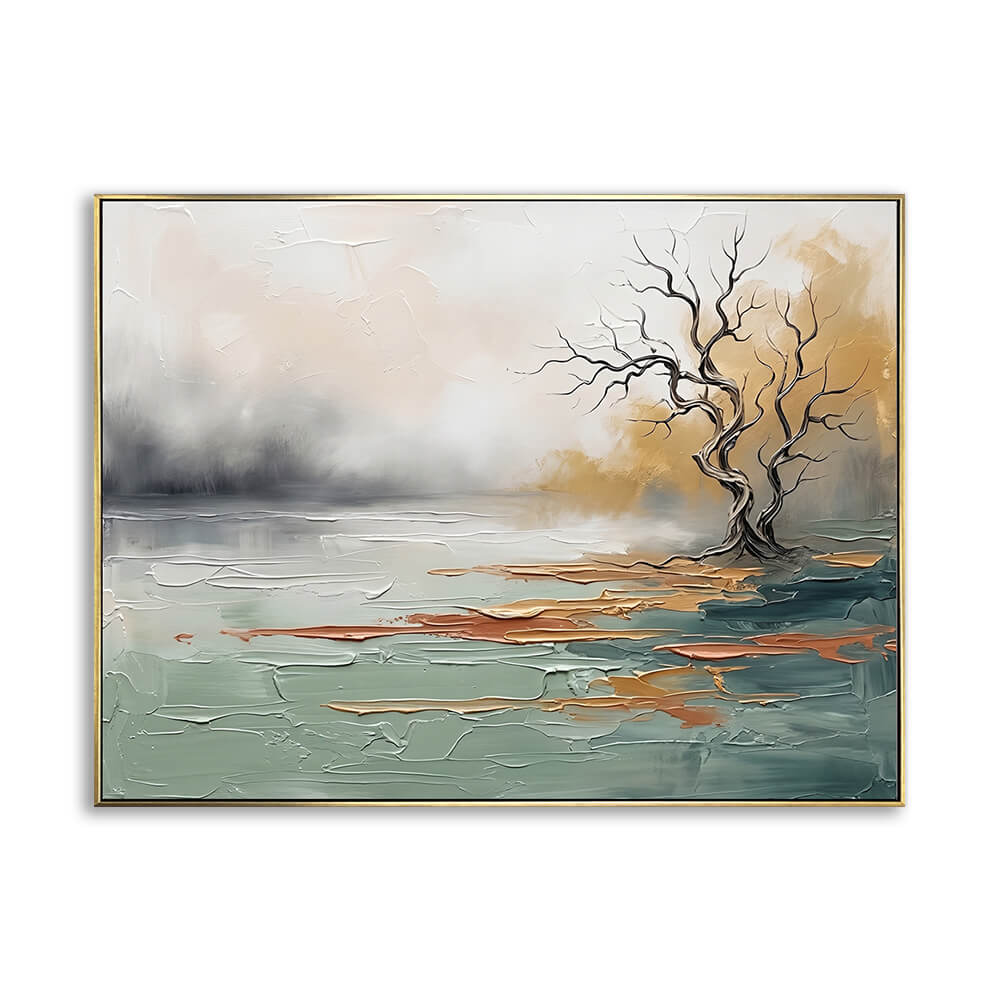 Hand-painted sage green abstract landscape canvas with a lone twisted tree by the water, thick impasto texture, gold frame, white background