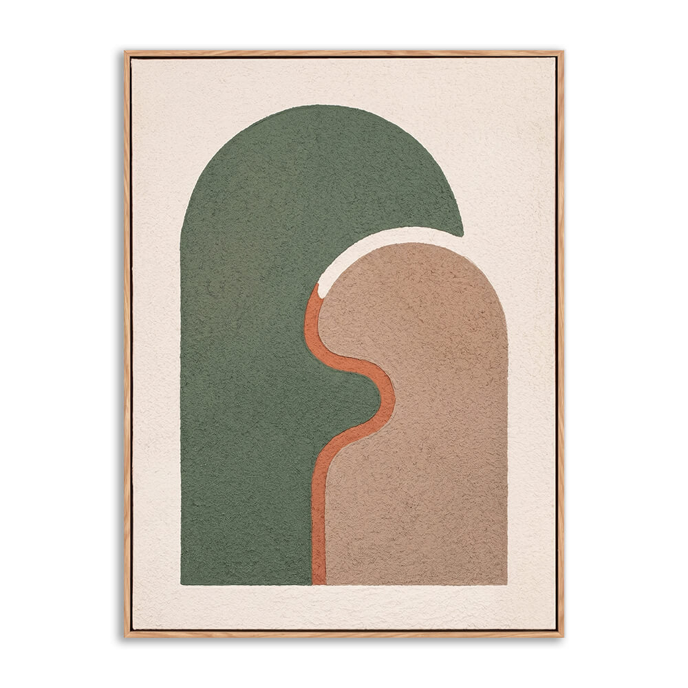 Hand painted sage green and terracotta abstract arch wall art with thick textured finish on cream background