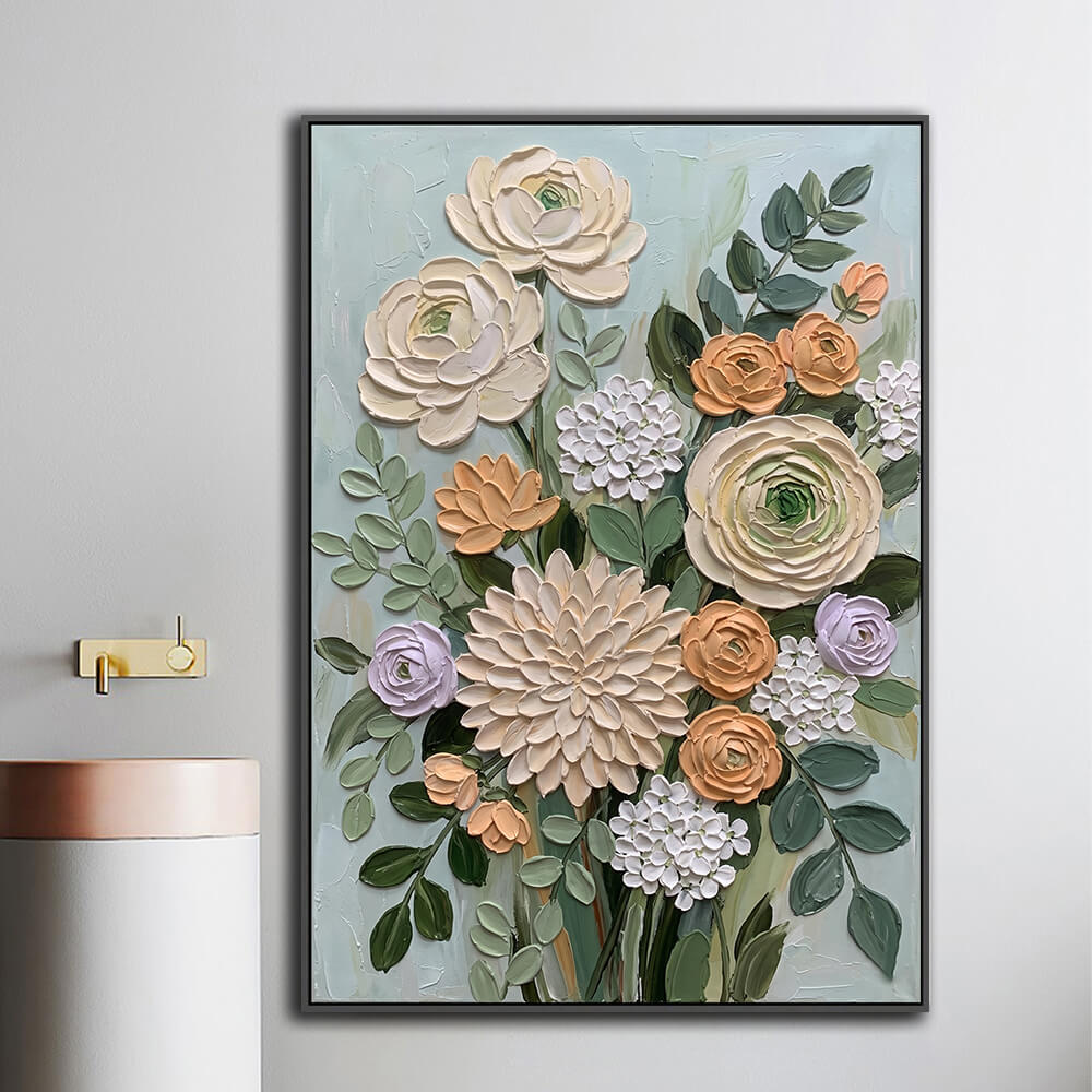 Framed mixed flower bouquet hand painting mounted beside bathroom vanity