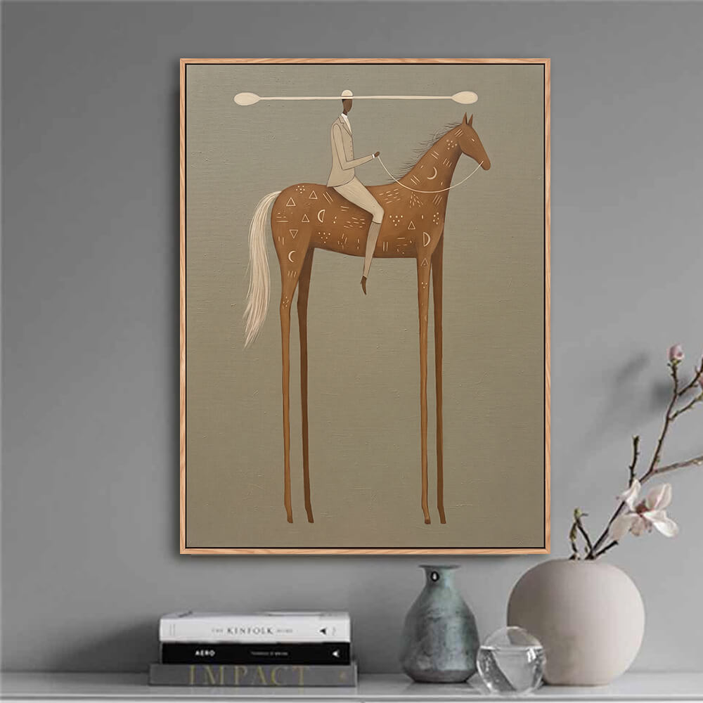 Neutral equestrian canvas decorating hallway next to table lamp and cabinetry