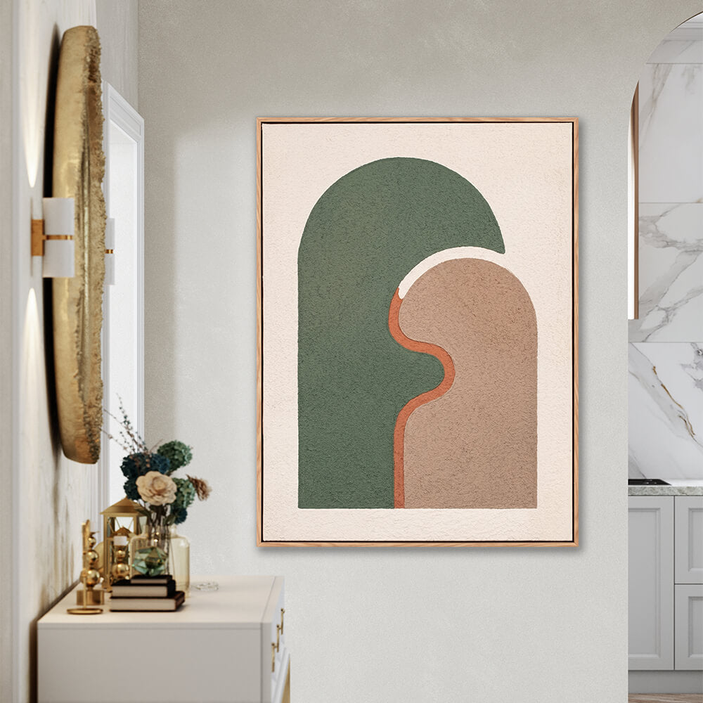 Green and terracotta textured arch painting displayed in contemporary office space