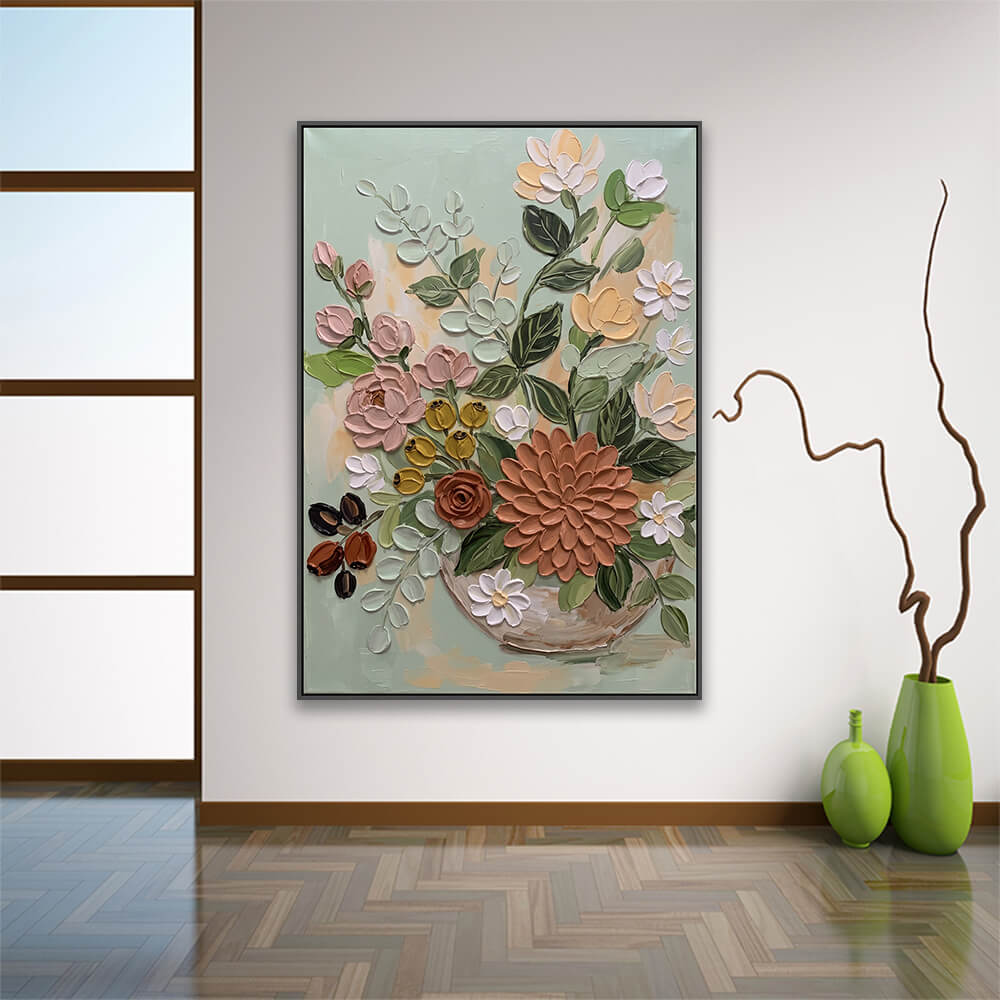 Vase flower painting displayed on entryway wall paired with ceramic decorative vases