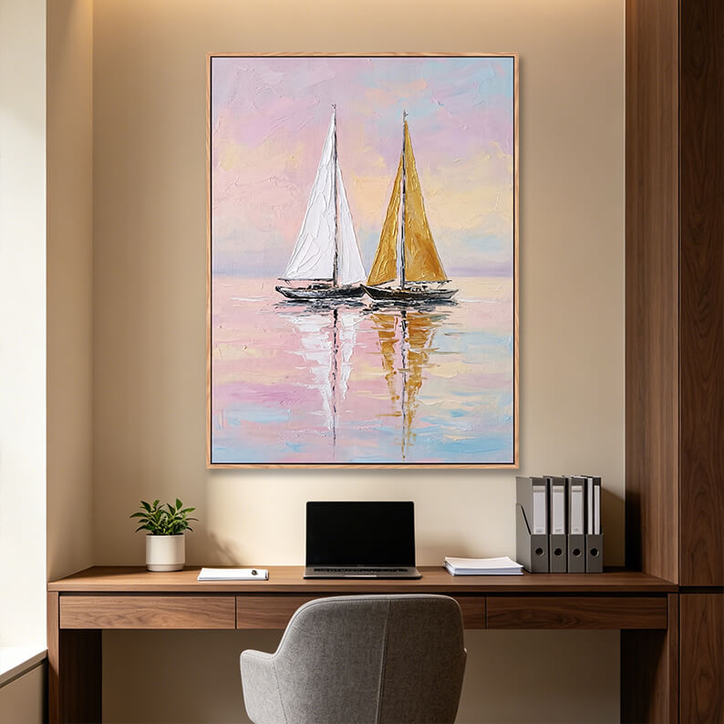 Hand painted vertical sailboat sunset painting with white and golden sails, pink and blue sky reflection on calm water, heavy impasto texture, romantic seascape artwork