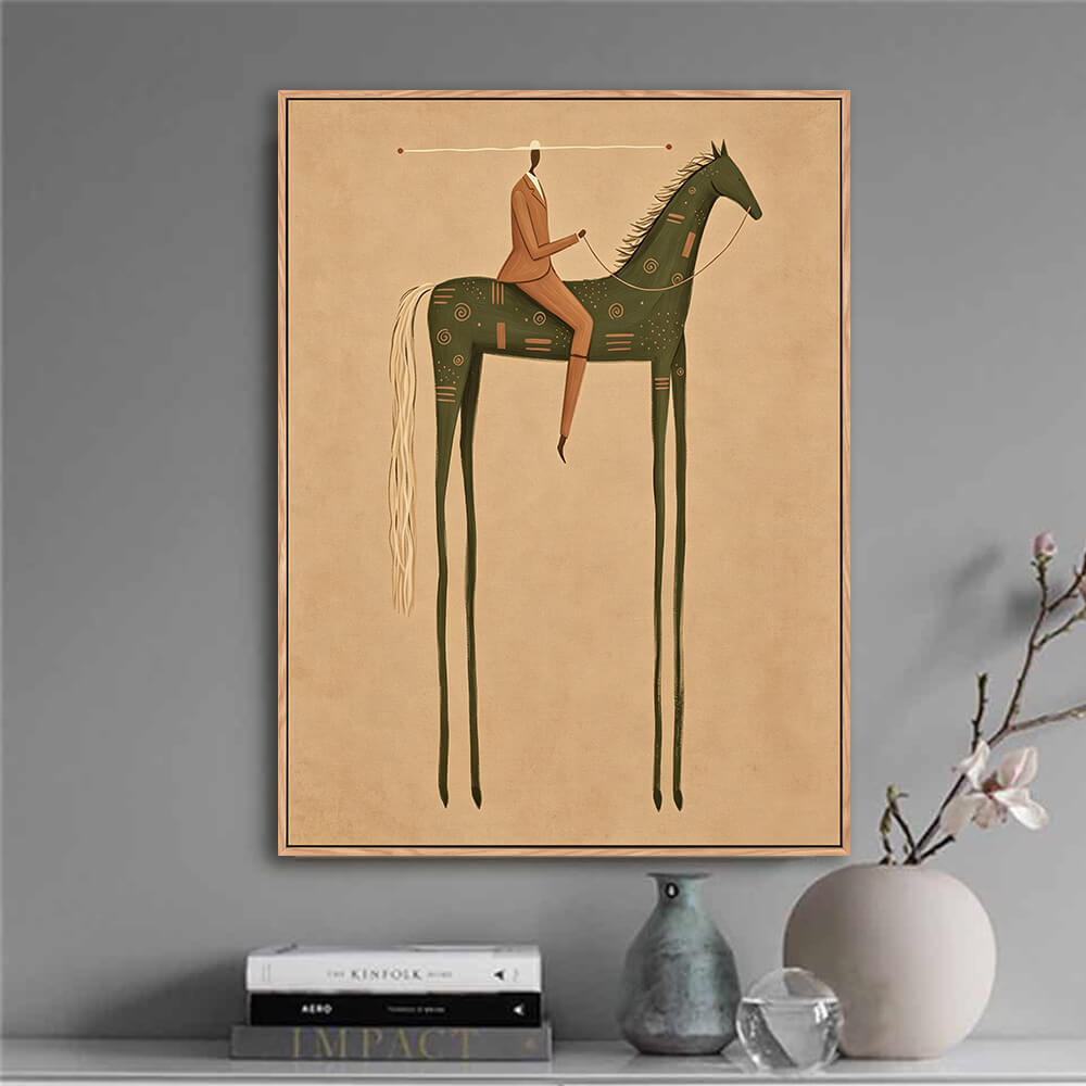 Earthy tone equestrian canvas decorating hallway next to table lamp and cabinetry