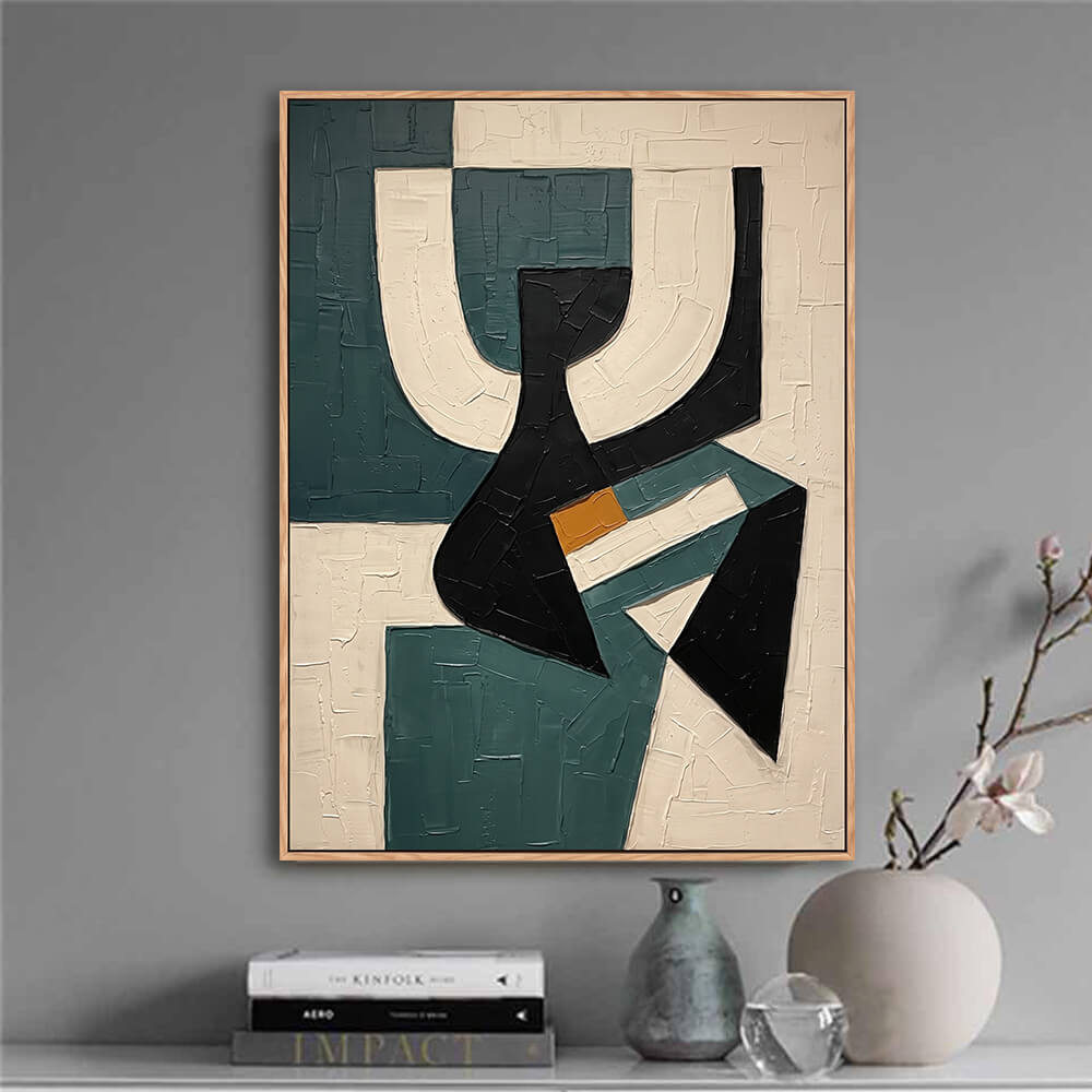 Neutral teal abstract canvas decorating hallway next to table lamp and cabinetry