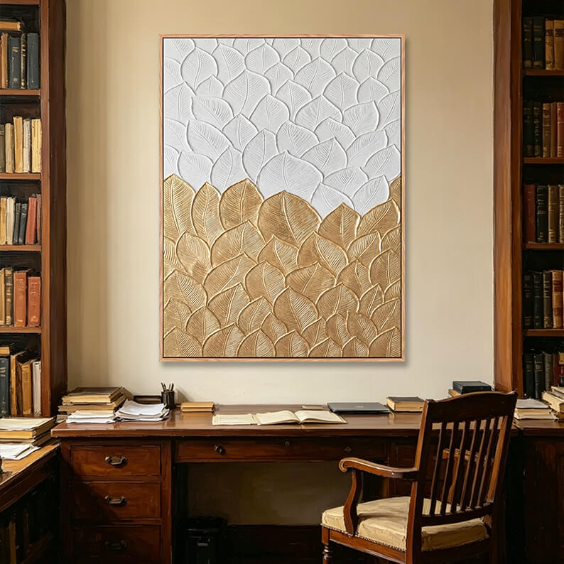 3D sculpted leaves painting with white and gold metallic finish, detailed vein textures, heavy impasto relief, elegant minimalist luxury artwork