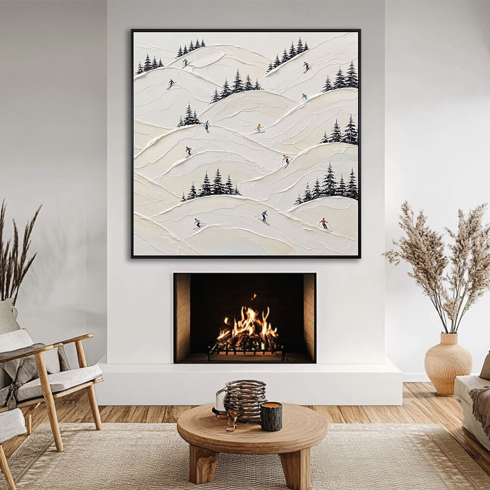Interior styling view of Frosty Peaks hanging above a glowing fireplace in a cozy, cream-toned living room.