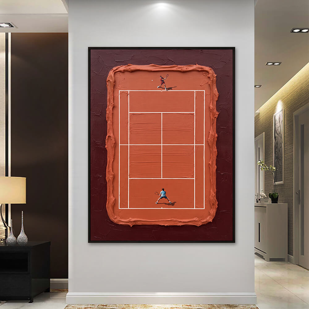  Interior styling view of Top Spin Rally sculptural framed clay court decor hanging in a bright luxury hallway above a dark console cabinet.