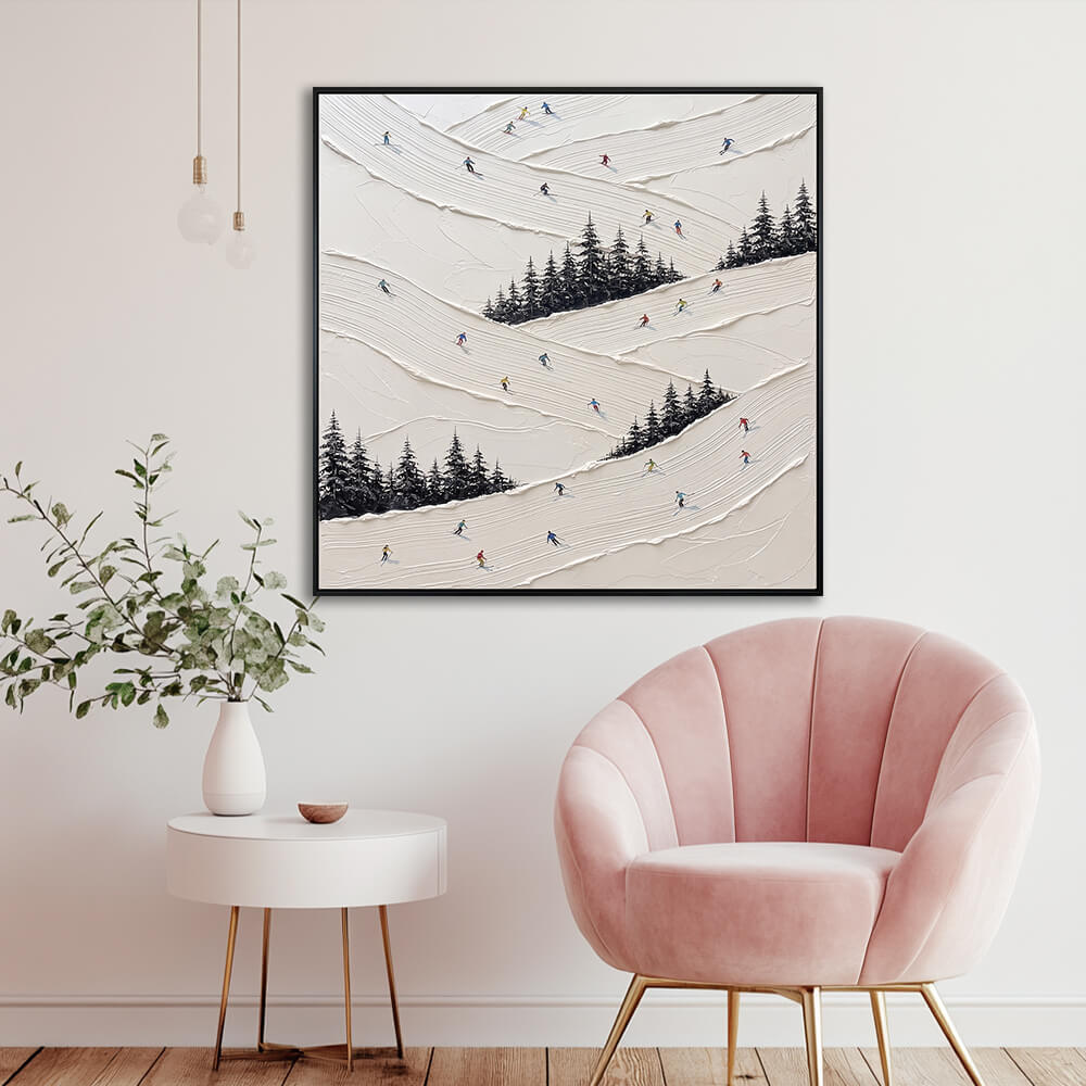 Interior styling view of Snowy Slalom sculptural ski resort painting hanging in a bright minimalist living room next to a pink accent armchair.