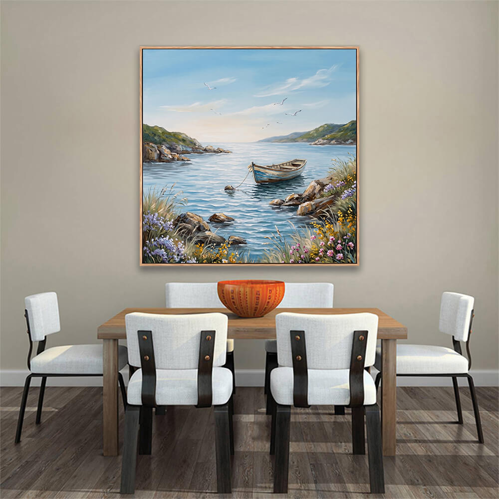 Wildflower coastal cove boat hand-painted canvas decor above wooden dining table