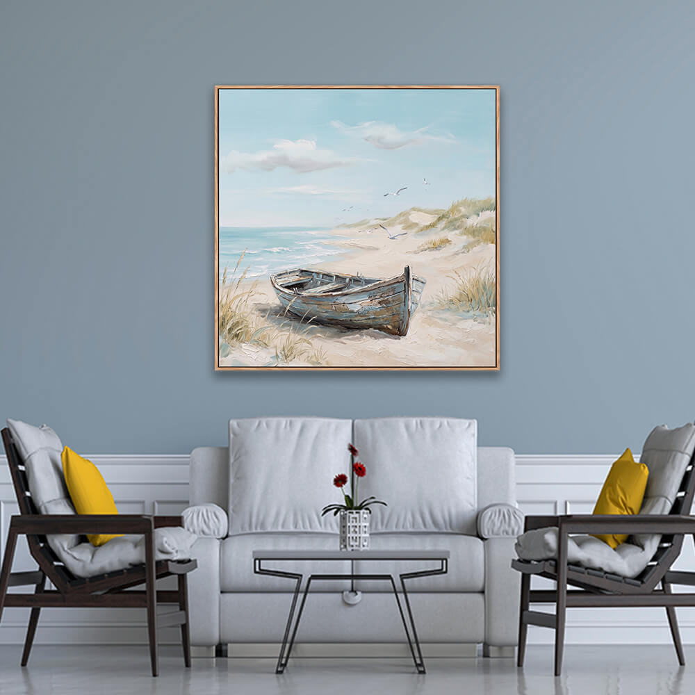 Beach landscape boat painting on blue wall in traditional living room interior