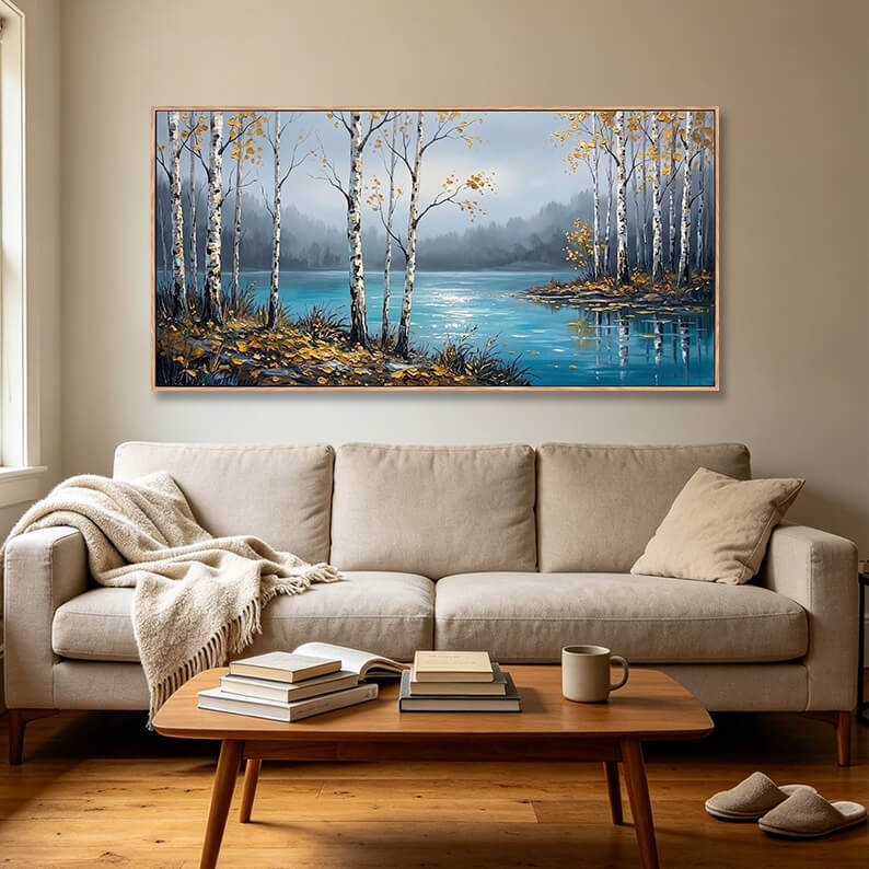 Hand painted misty autumn lake landscape with birch trees, water reflections, golden foliage with impasto texture, foggy forest hills background, peaceful nature artwork for interior decoration