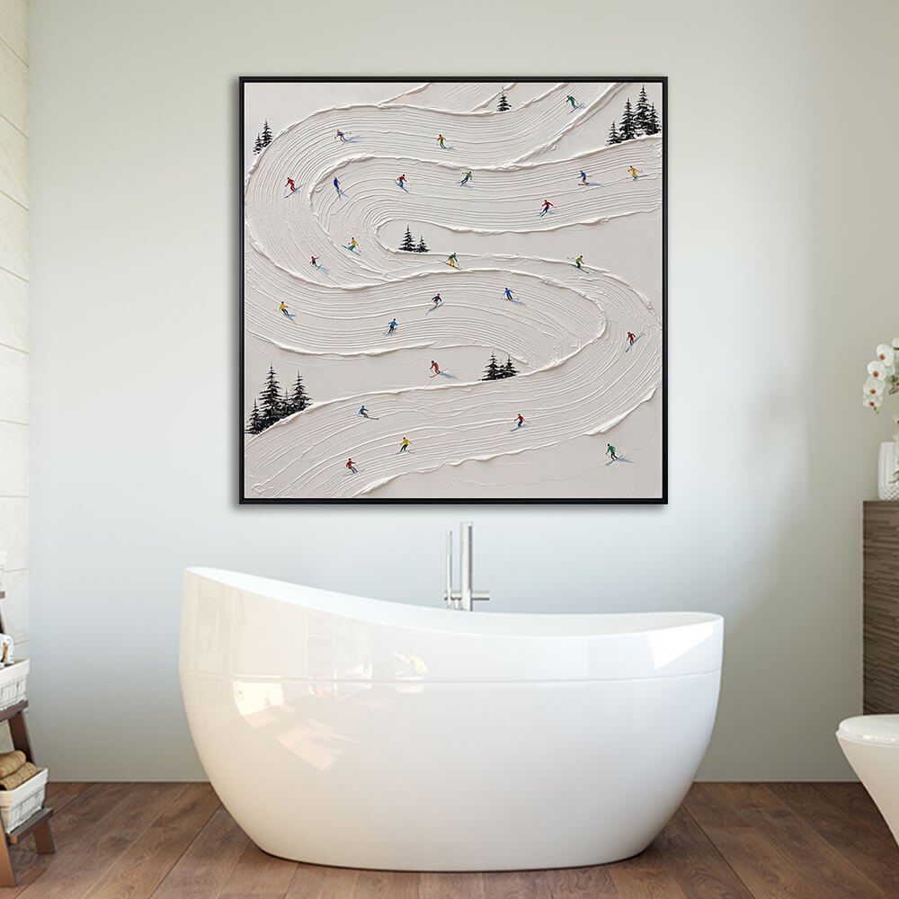 Interior styling view of Alpine Slopes hanging in a luxurious modern bathroom above a white freestanding bathtub.