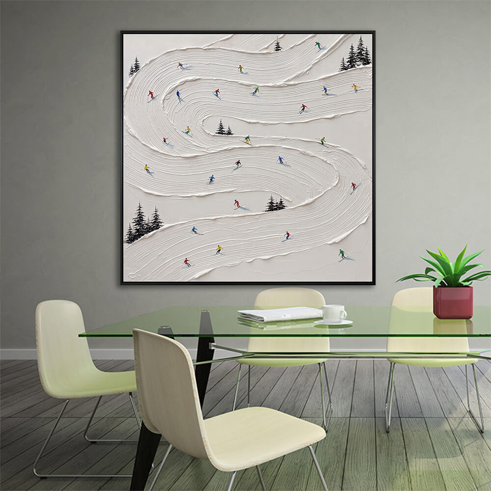 Interior styling view of Alpine Slopes hanging in a modern dining room above a glass-topped table set with chairs.