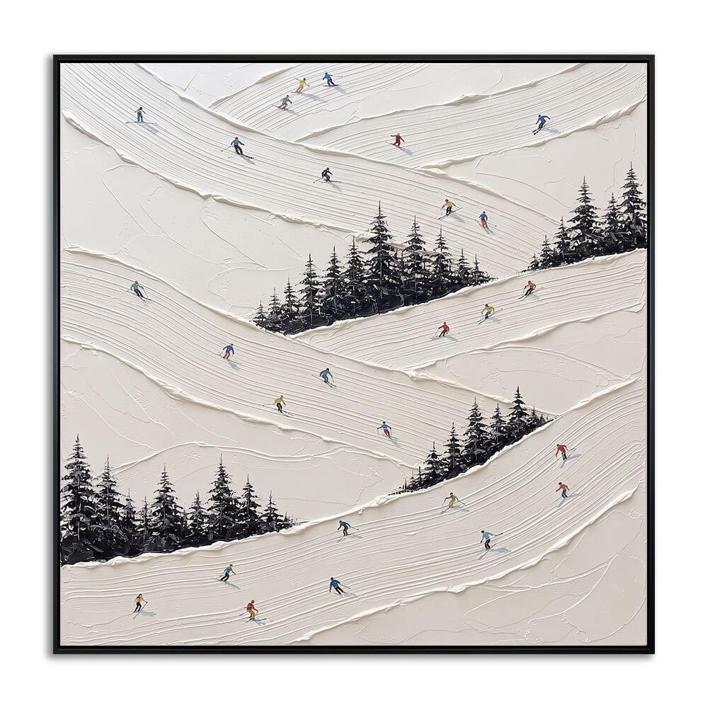 Studio front view of Snowy Slalom winter ski resort wall art featuring rolling snowy hills, pine trees, and multiple skiers.
