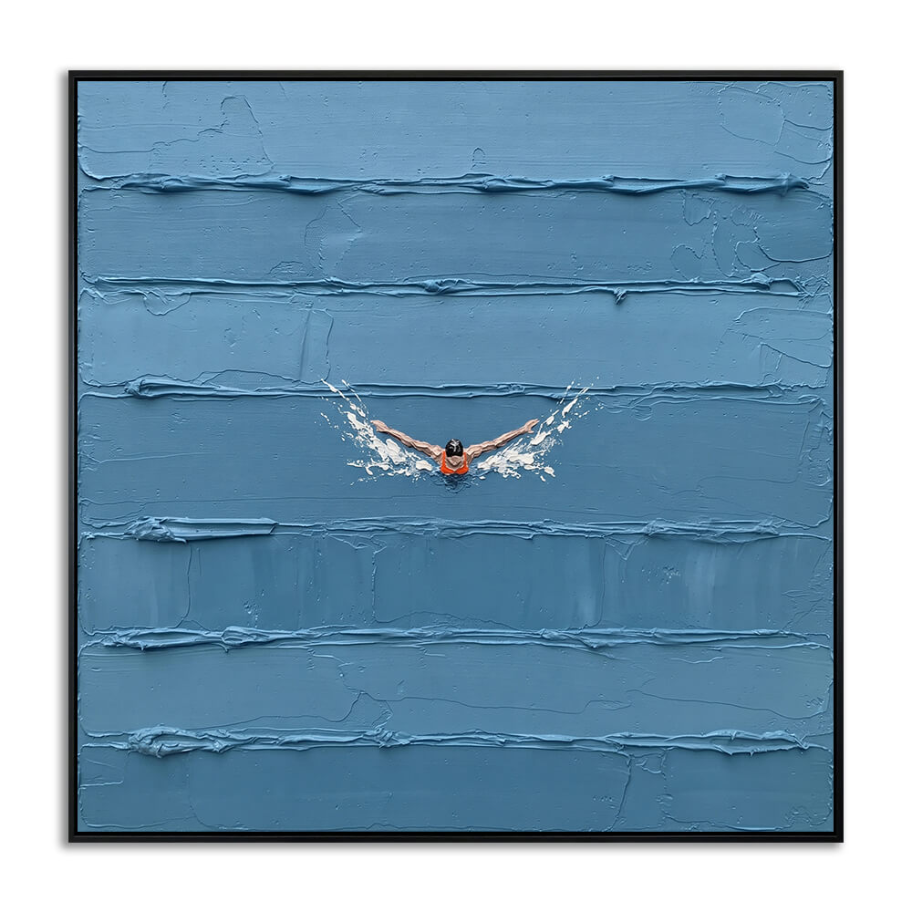 Studio front view of Solitary Stroke heavy impasto hand painted canvas featuring a single swimmer and raised blue water texture.