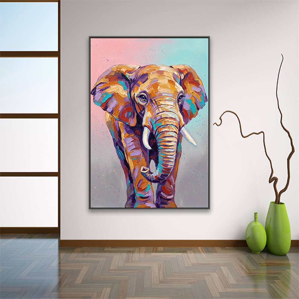 Gradient elephant portrait displayed on entryway wall with ceramic vases