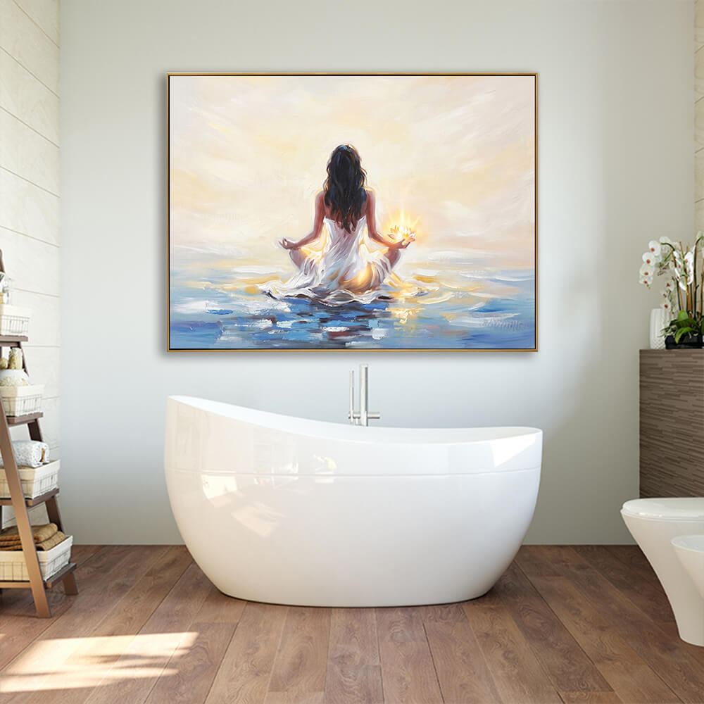 Healing zen meditation lotus canvas wall art hung above freestanding white bathtub, warm wood spa bathroom interior