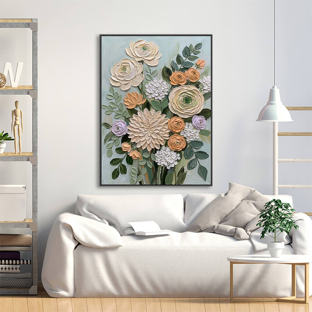 Seafoam background bouquet artwork hung above linen sofa for living room styling
