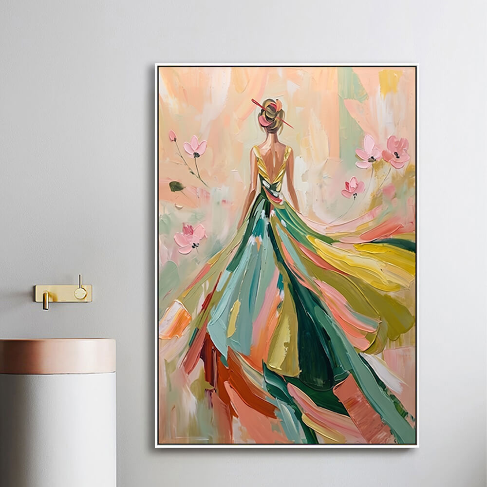 Vertical impasto woman portrait artwork hung in entryway beside upholstered accent chair