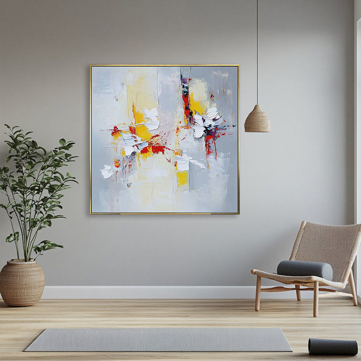 Hand Crafted Impasto Art: Gray, Yellow & Red Contrast #YX133