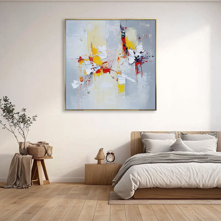 Hand Crafted Impasto Art: Gray, Yellow & Red Contrast #YX133