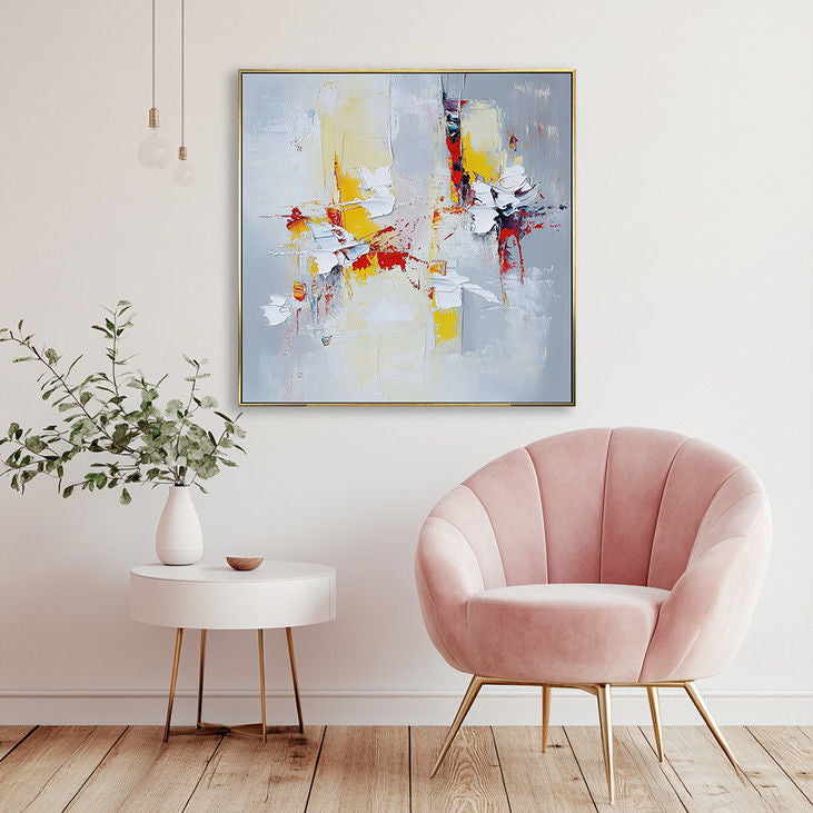Hand Crafted Impasto Art: Gray, Yellow & Red Contrast #YX133