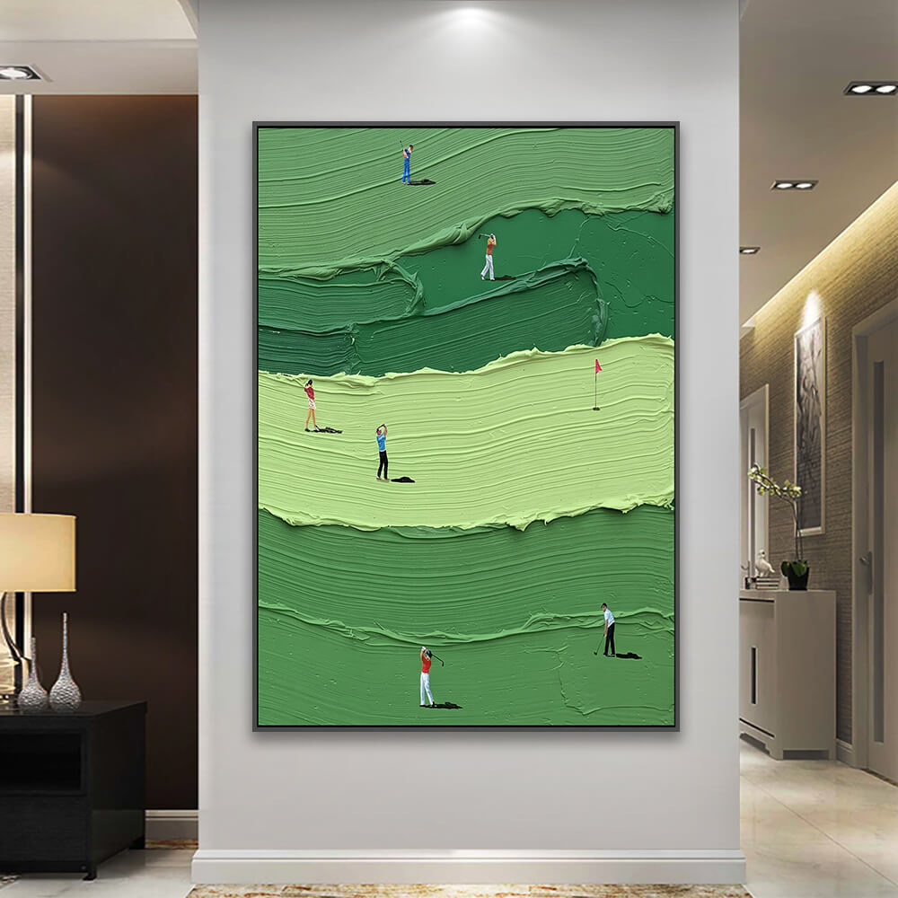 Tiered golf landscape canvas decorating luxury lobby beside table lamp and cabinet