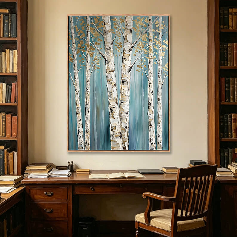 Calming 3D birch tree forest painting with gold leaves in traditional study room, impasto landscape artwork above vintage wooden desk